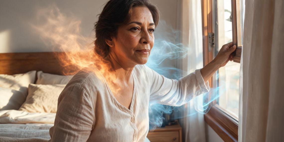 Mujer de mediana edad sentada en un dormitorio abre una ventana para buscar alivio, visualizando efectos metafóricos de calor y frescura que representan síntomas de cambios hormonales.