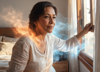 Mujer de mediana edad sentada en un dormitorio abre una ventana para buscar alivio, visualizando efectos metafóricos de calor y frescura que representan síntomas de cambios hormonales.