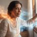 Mujer de mediana edad sentada en un dormitorio abre una ventana para buscar alivio, visualizando efectos metafóricos de calor y frescura que representan síntomas de cambios hormonales.