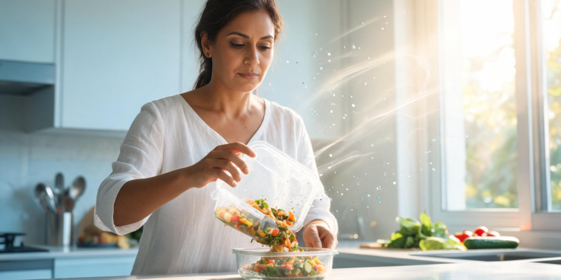 Una mujer vierte una ensalada desde un táper de plástico a un tazón de vidrio en una cocina luminosa, ilustrando la liberación de partículas de microplásticos en los alimentos.