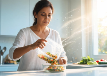 Una mujer vierte una ensalada desde un táper de plástico a un tazón de vidrio en una cocina luminosa, ilustrando la liberación de partículas de microplásticos en los alimentos.