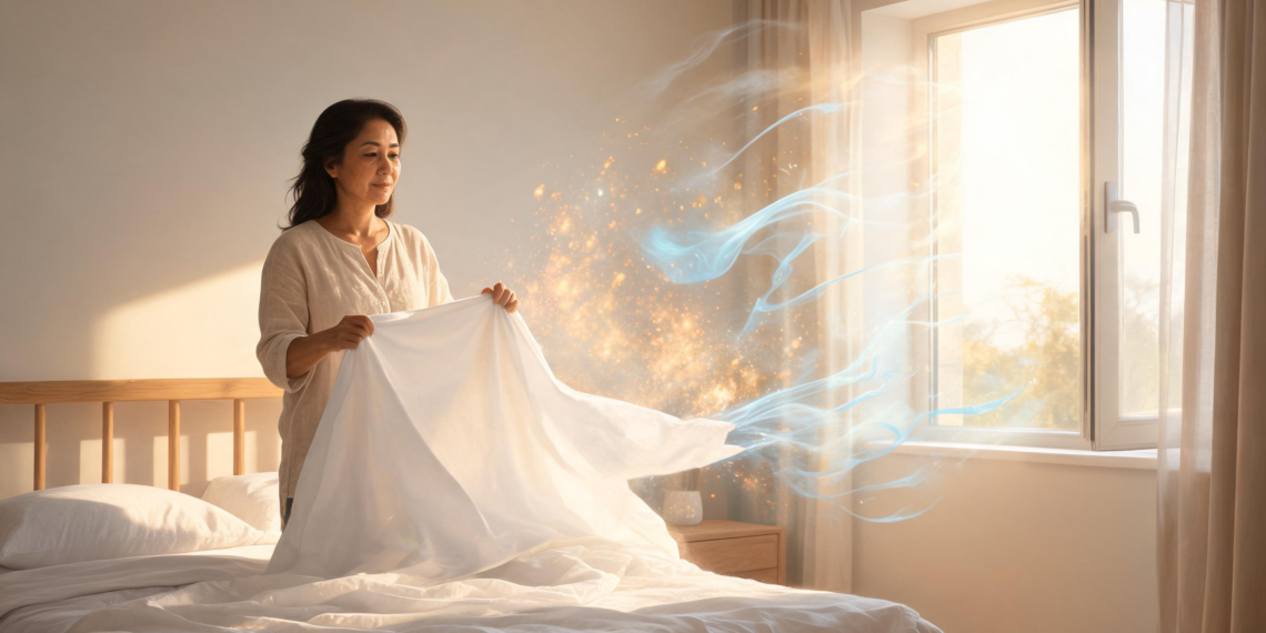 Una mujer sacude las sábanas blancas sobre una cama en una habitación iluminada por la luz del sol, con efectos visuales que representan partículas en suspensión y ondas de aire.