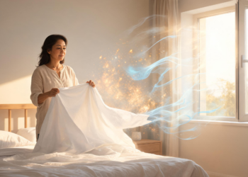 Una mujer sacude las sábanas blancas sobre una cama en una habitación iluminada por la luz del sol, con efectos visuales que representan partículas en suspensión y ondas de aire.