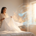 Una mujer sacude las sábanas blancas sobre una cama en una habitación iluminada por la luz del sol, con efectos visuales que representan partículas en suspensión y ondas de aire.