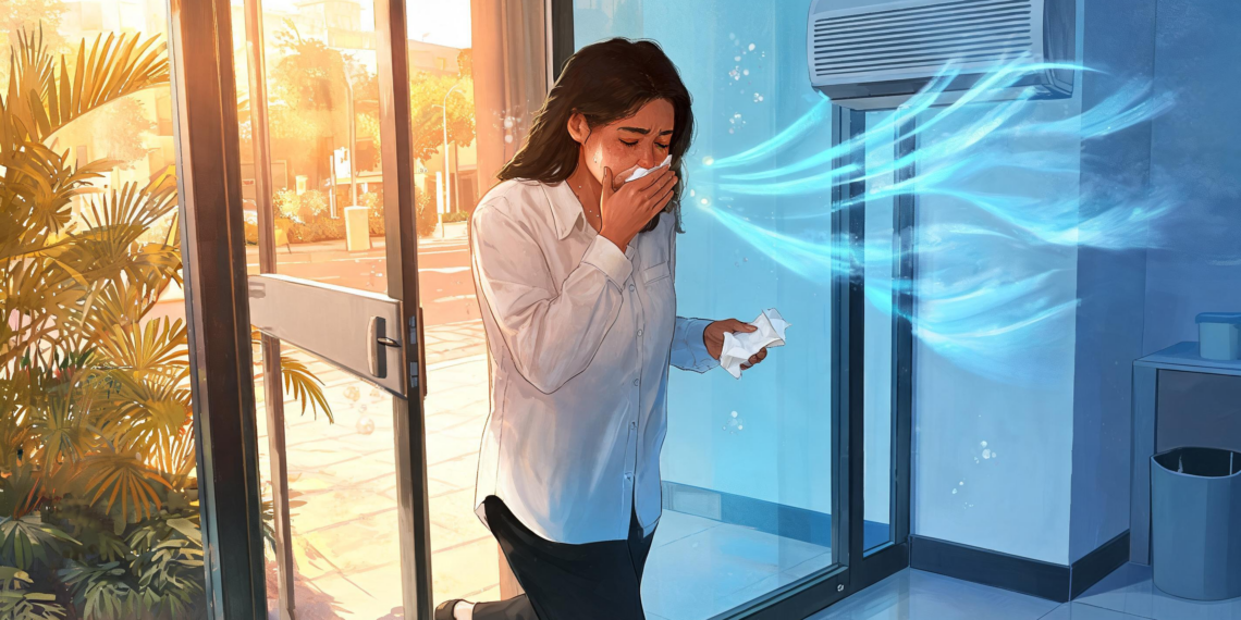 Una mujer entra a un espacio interior con aire acondicionado desde un día soleado y cálido, estornudando mientras sostiene un pañuelo, ilustrando los efectos de los cambios bruscos de temperatura.