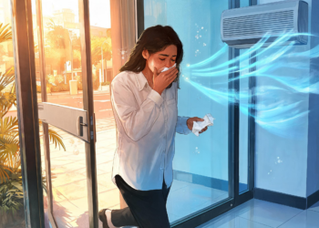 Una mujer entra a un espacio interior con aire acondicionado desde un día soleado y cálido, estornudando mientras sostiene un pañuelo, ilustrando los efectos de los cambios bruscos de temperatura.