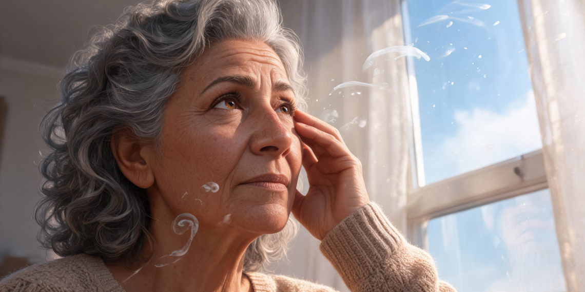 Una mujer de edad avanzada con cabello gris mira hacia arriba cerca de una ventana mientras se observan formas translúcidas y puntos flotando en su campo visual.