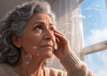 Una mujer de edad avanzada con cabello gris mira hacia arriba cerca de una ventana mientras se observan formas translúcidas y puntos flotando en su campo visual.