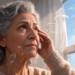 Una mujer de edad avanzada con cabello gris mira hacia arriba cerca de una ventana mientras se observan formas translúcidas y puntos flotando en su campo visual.