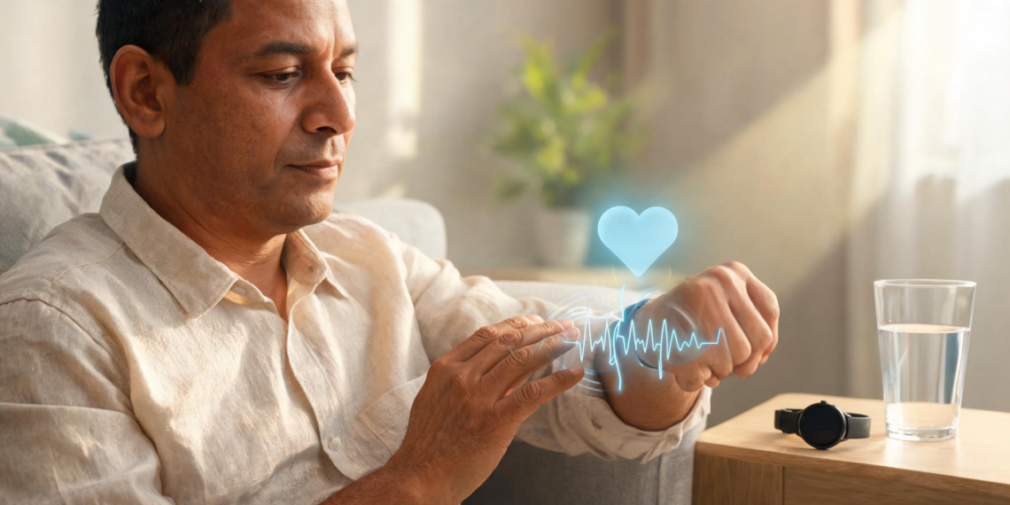 Un hombre sentado de manera relajada mide su pulso en la muñeca mientras se muestra un holograma azul de un corazón y una línea de ritmo cardíaco, representando el control de la salud cardiovascular.