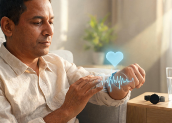 Un hombre sentado de manera relajada mide su pulso en la muñeca mientras se muestra un holograma azul de un corazón y una línea de ritmo cardíaco, representando el control de la salud cardiovascular.