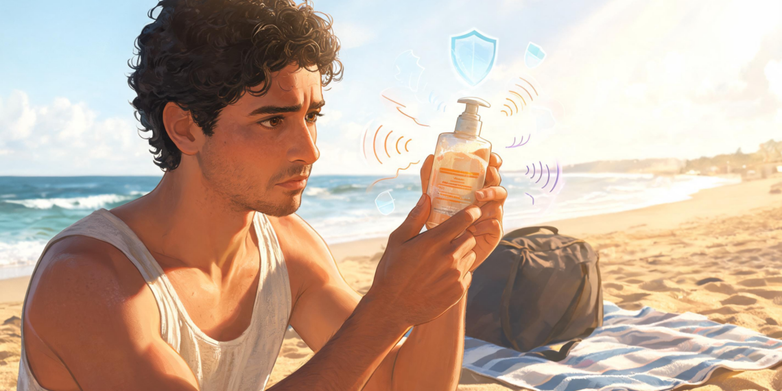 Un hombre de cabello rizado examina un frasco de protector solar en la playa con expresión preocupada, rodeado de gráficos lineales y un escudo flotante.