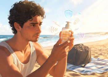 Un hombre de cabello rizado examina un frasco de protector solar en la playa con expresión preocupada, rodeado de gráficos lineales y un escudo flotante.