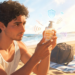 Un hombre de cabello rizado examina un frasco de protector solar en la playa con expresión preocupada, rodeado de gráficos lineales y un escudo flotante.