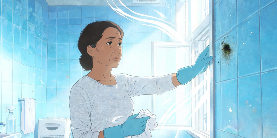 Una mujer con guantes azules observa con preocupación una mancha de moho en la pared de azulejos de un baño mientras abre la ventana para ventilar el espacio.
