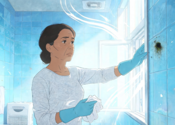 Una mujer con guantes azules observa con preocupación una mancha de moho en la pared de azulejos de un baño mientras abre la ventana para ventilar el espacio.