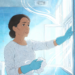 Una mujer con guantes azules observa con preocupación una mancha de moho en la pared de azulejos de un baño mientras abre la ventana para ventilar el espacio.