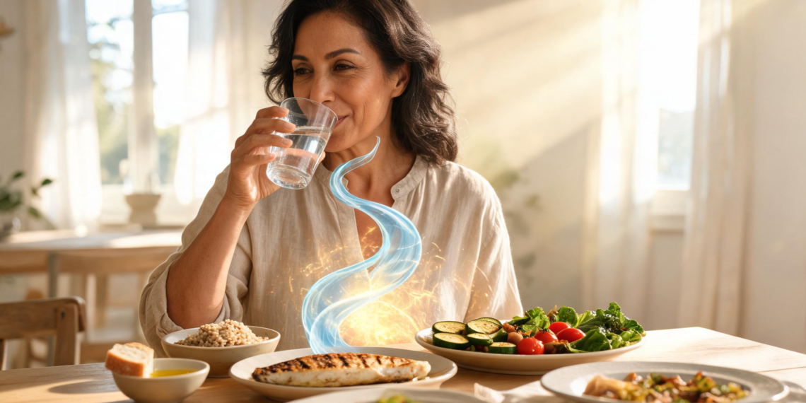 Una mujer de mediana edad sentada a una mesa de comedor bebe un vaso de agua mientras disfruta de una comida saludable que incluye pescado y verduras, con un efecto visual que simboliza la digestión.