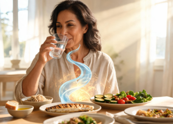 Una mujer de mediana edad sentada a una mesa de comedor bebe un vaso de agua mientras disfruta de una comida saludable que incluye pescado y verduras, con un efecto visual que simboliza la digestión.