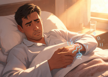 Un hombre en la cama mira su brazo con preocupación al notar una sensación de hormigueo representada con ondas azules luminosas.