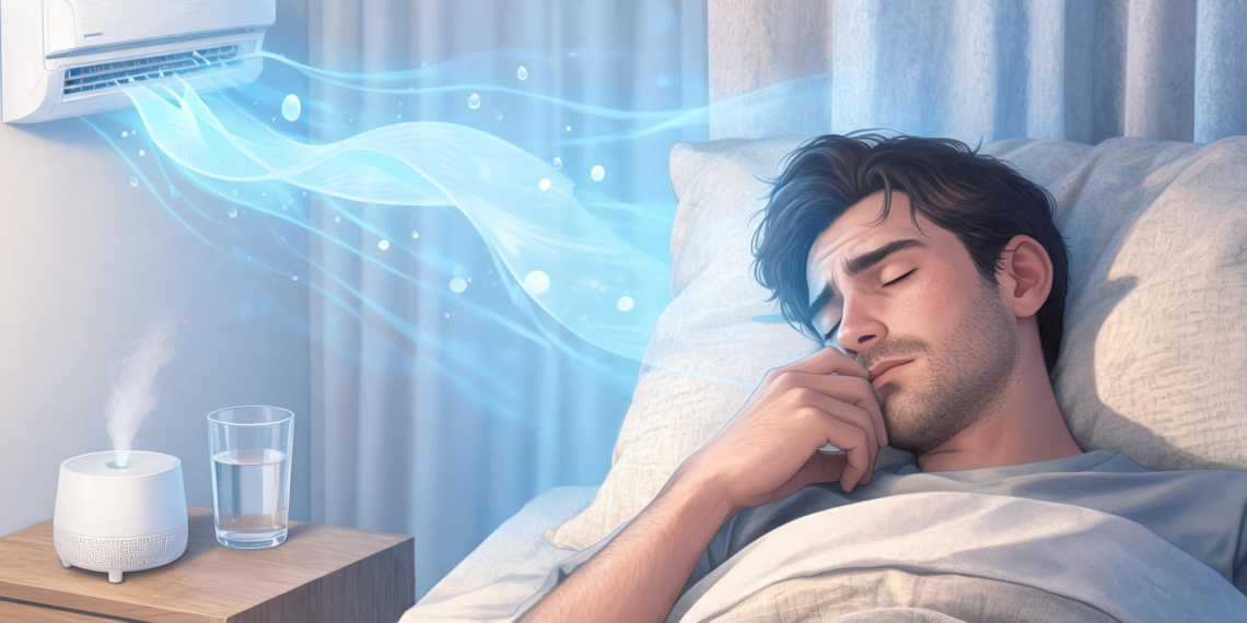 Un hombre acostado en su cama se toca la nariz mientras recibe el flujo de aire de un aparato de aire acondicionado en la pared, con un humidificador en funcionamiento y un vaso de agua en la mesita de noche.