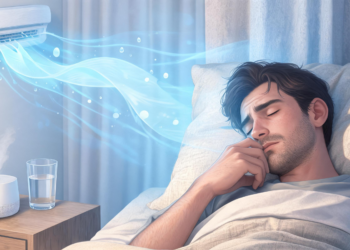 Un hombre acostado en su cama se toca la nariz mientras recibe el flujo de aire de un aparato de aire acondicionado en la pared, con un humidificador en funcionamiento y un vaso de agua en la mesita de noche.