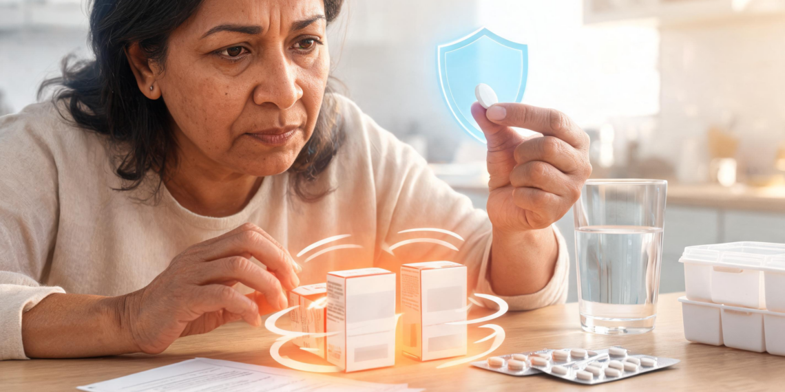 Una mujer analiza con preocupación cajas de medicamentos sobre una mesa de madera mientras sostiene una pastilla, ilustrando la precaución con las dosis de fármacos.