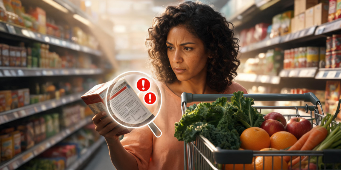 Una mujer en el supermercado analiza la etiqueta de un producto envasado junto a su carrito de compras lleno de frutas y vegetales frescos.