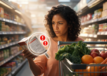 Una mujer en el supermercado analiza la etiqueta de un producto envasado junto a su carrito de compras lleno de frutas y vegetales frescos.
