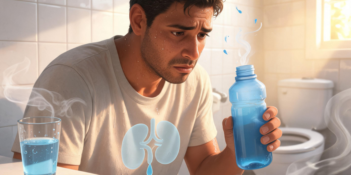 Un hombre sudoroso con expresión preocupada sostiene una botella de agua en un baño, mostrando una ilustración gráfica de los riñones en su torso para representar problemas de micción y función renal.