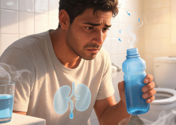 Un hombre sudoroso con expresión preocupada sostiene una botella de agua en un baño, mostrando una ilustración gráfica de los riñones en su torso para representar problemas de micción y función renal.