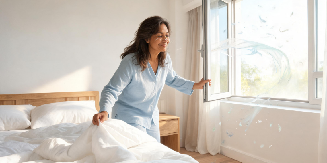 Mujer sonriente en pijama azul abriendo una ventana soleada en su dormitorio para ventilar el ambiente y arreglar su cama con sábanas blancas, ilustrando hábitos para reducir la alergia al polvo en casa.