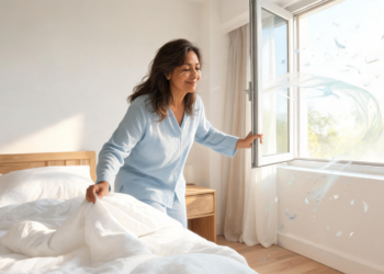 Mujer sonriente en pijama azul abriendo una ventana soleada en su dormitorio para ventilar el ambiente y arreglar su cama con sábanas blancas, ilustrando hábitos para reducir la alergia al polvo en casa.