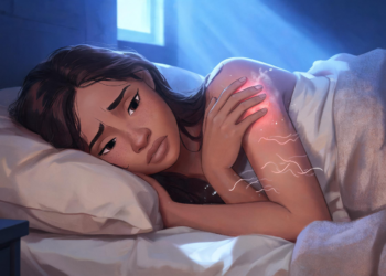 Una mujer acostada en su cama se toca el hombro irritado y enrojecido con una expresión de incomodidad en un dormitorio nocturno.