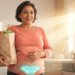 Una mujer sostiene una bolsa de la compra de papel mientras un gráfico luminoso en su zona pélvica representa el suelo pélvico, relacionando el esfuerzo físico con la incontinencia urinaria por esfuerzo.