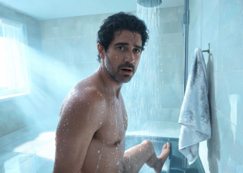Un hombre con expresión de sorpresa reacciona al agua fría mientras se ducha en un baño moderno iluminado por la luz del sol.