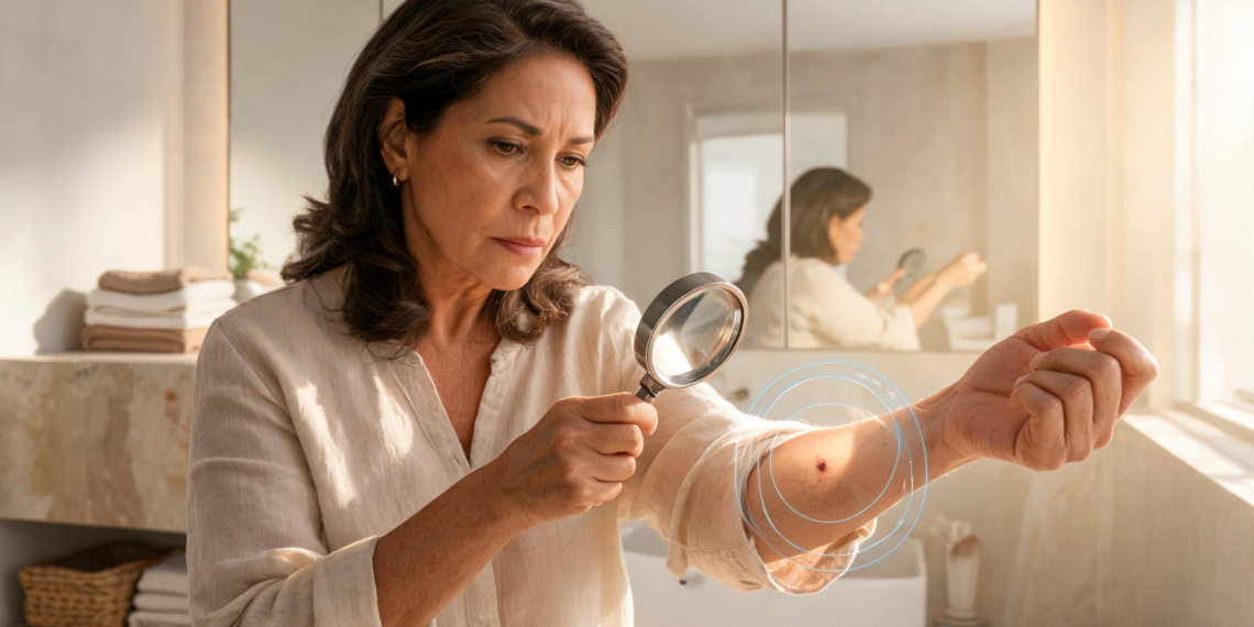 Una mujer de mediana edad examina detenidamente un lunar en su antebrazo utilizando una lupa, en un entorno de baño luminoso y sereno.