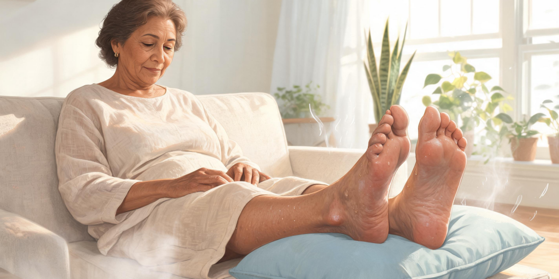 Una mujer mayor descansando en un sofá blanco con los pies descalzos y los tobillos elevados sobre un cojín azul para aliviar la retención de líquidos y la hinchazón.