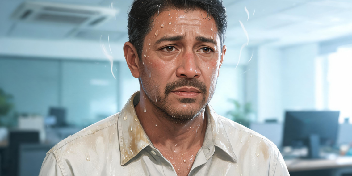 Un hombre de mediana edad en una oficina con el rostro cubierto de gotas de sudor y la camisa empapada, mostrando una expresión de malestar debido a la sudoración excesiva.