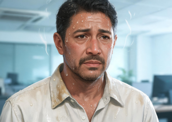 Un hombre de mediana edad en una oficina con el rostro cubierto de gotas de sudor y la camisa empapada, mostrando una expresión de malestar debido a la sudoración excesiva.