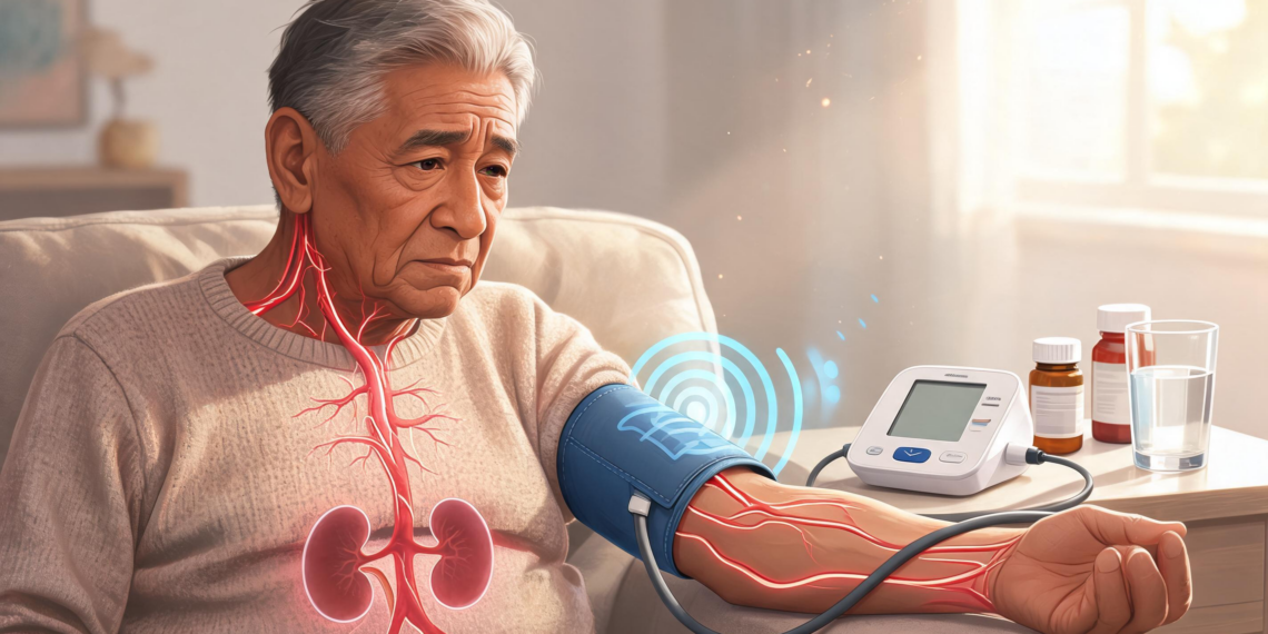 Un hombre mayor sentado en un sillón con un tensiómetro digital en el brazo, mostrando una ilustración gráfica de sus riñones y arterias iluminados en rojo para señalar la conexión entre la hipertensión y el sistema renal.