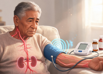 Un hombre mayor sentado en un sillón con un tensiómetro digital en el brazo, mostrando una ilustración gráfica de sus riñones y arterias iluminados en rojo para señalar la conexión entre la hipertensión y el sistema renal.