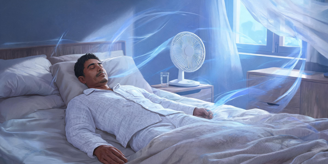 Un hombre duerme plácidamente en su cama durante la noche, con un ventilador de mesa encendido a su lado que circula una brisa fresca representada visualmente por ondas de aire azuladas que recorren la habitación.