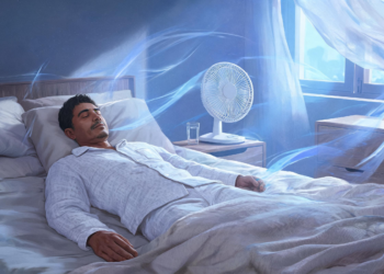 Un hombre duerme plácidamente en su cama durante la noche, con un ventilador de mesa encendido a su lado que circula una brisa fresca representada visualmente por ondas de aire azuladas que recorren la habitación.