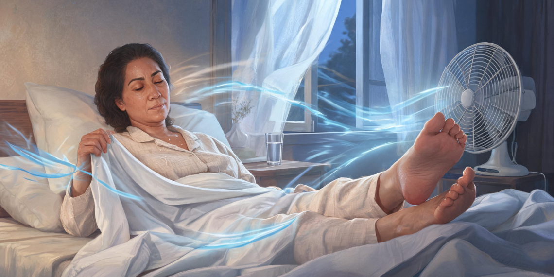 Una mujer descansando en su cama durante una noche de calor, sintiendo el alivio de un ventilador de mesa que circula aire fresco, lo que favorece un mejor descanso nocturno.