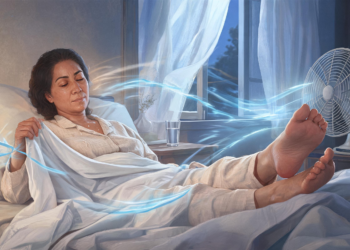 Una mujer descansando en su cama durante una noche de calor, sintiendo el alivio de un ventilador de mesa que circula aire fresco, lo que favorece un mejor descanso nocturno.