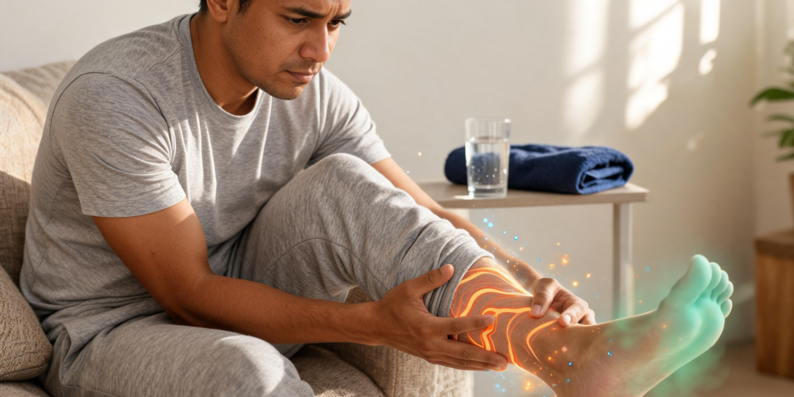 Un hombre sentado en un sillón se sujeta la pantorrilla y el tobillo con molestia, mostrando efectos visuales brillantes que simulan calambres y entumecimiento en la pierna y el pie.