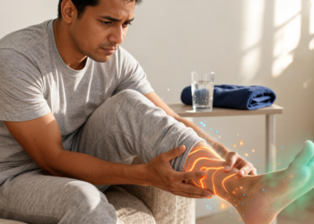 Un hombre sentado en un sillón se sujeta la pantorrilla y el tobillo con molestia, mostrando efectos visuales brillantes que simulan calambres y entumecimiento en la pierna y el pie.