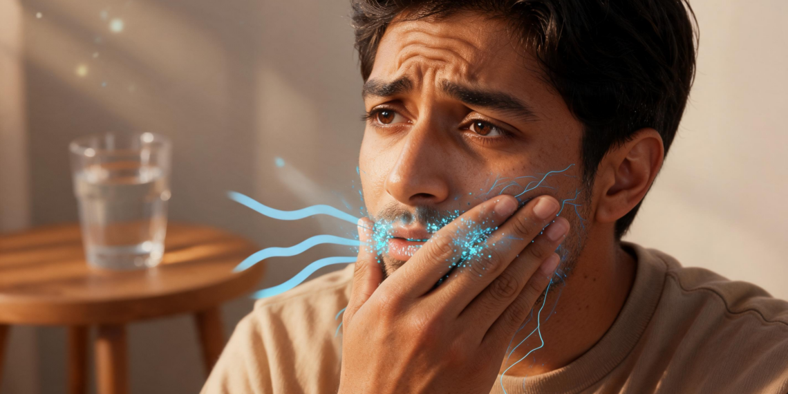 Un hombre de mediana edad con expresión de angustia y malestar se sostiene la mejilla derecha con la mano. Líneas azules onduladas y partículas brillantes emanan de su boca, labios y mejilla, extendiéndose como terminaciones nerviosas por el lado de su cara. Un vaso de agua y una mesa de madera están en el fondo difuminado, en una habitación cálidamente iluminada por el sol.