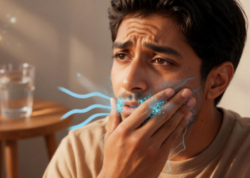Un hombre de mediana edad con expresión de angustia y malestar se sostiene la mejilla derecha con la mano. Líneas azules onduladas y partículas brillantes emanan de su boca, labios y mejilla, extendiéndose como terminaciones nerviosas por el lado de su cara. Un vaso de agua y una mesa de madera están en el fondo difuminado, en una habitación cálidamente iluminada por el sol.